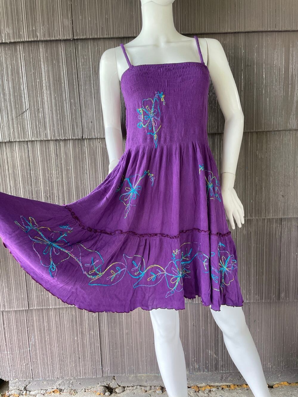 🔥Y2K Puple Smocked Embroider Bohemian Hippie Fairy Grunge Crinkle Summer Dress